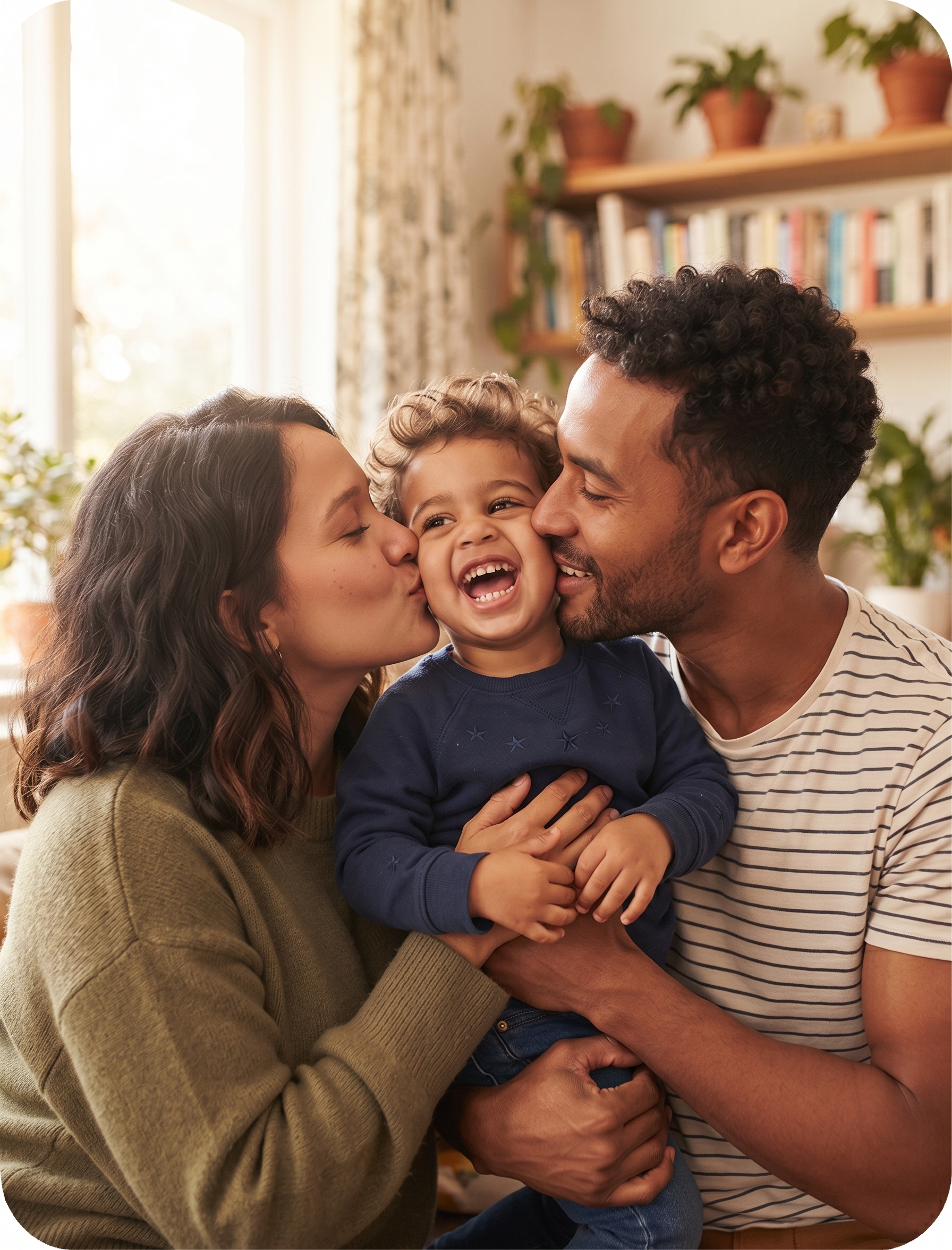 Familia sorrindo em ambiente domestico
